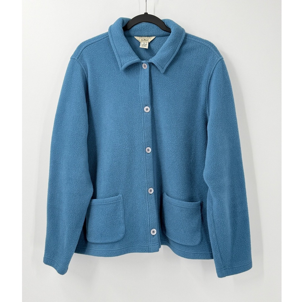 LL Bean Fleece Button Up Jacket Womens sz XL Blue Cabincore Cozy Pocket Cardigan